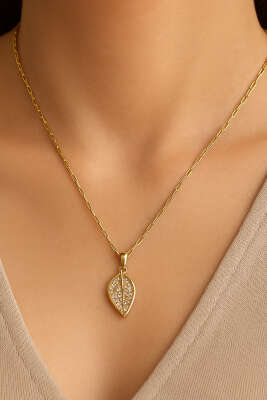 Yaprak Desen Taşlı Kolye Gold - Kolye