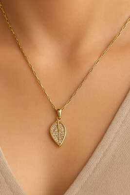 Yaprak Desen Taşlı Kolye Gold - Kolye