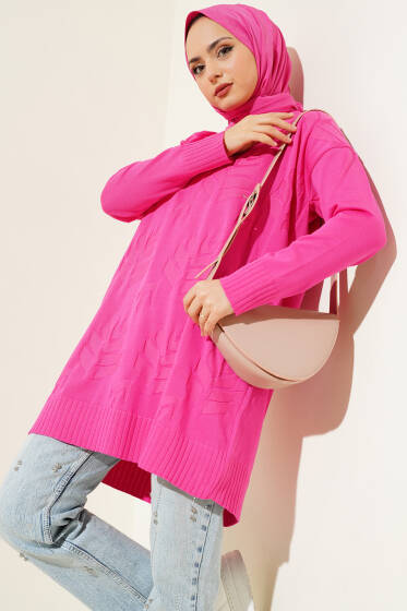 Yaprak Desen Triko Tunik Fuşya - Tunik