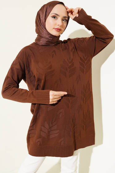 Yaprak Desen Triko Tunik Kahve - Tunik