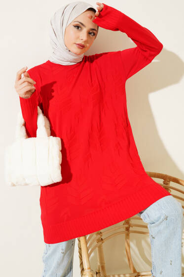 Yaprak Desen Triko Tunik Kırmızı - Tunik