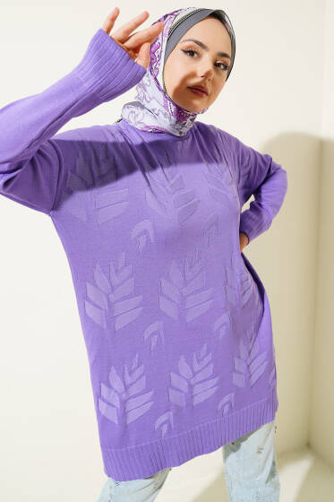 Yaprak Desen Triko Tunik Lila - Tunik
