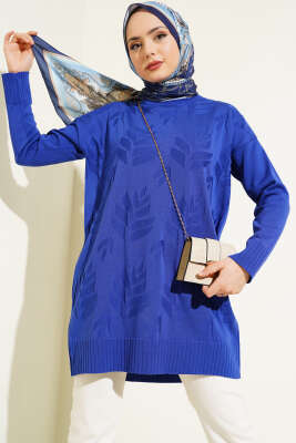 Yaprak Desen Triko Tunik Saks - Triko Tunik