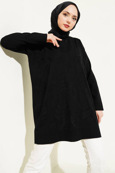 Yaprak Desen Triko Tunik Siyah - Tunik