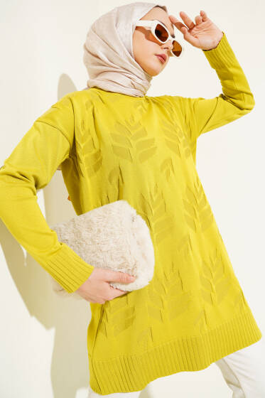 Yaprak Desen Triko Tunik Yağ Yeşili - Tunik