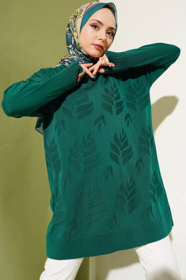 Yaprak Desen Triko Tunik Zümrüt - Tunik