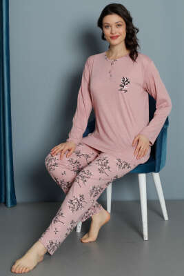 Yaprak Desen Viskon Pijama Takımı Gül Kurusu 