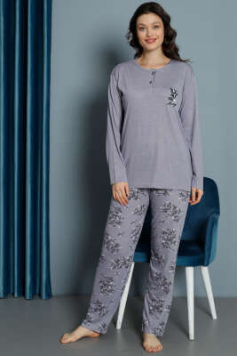 Yaprak Desen Viskon Pijama Takımı Lila 