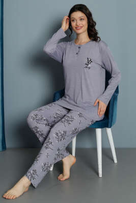 Yaprak Desen Viskon Pijama Takımı Lila - Kadın Pijama Takımı