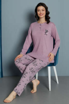 Yaprak Desen Viskon Pijama Takımı Magenta 