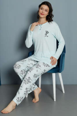 Yaprak Desen Viskon Pijama Takımı Mint 