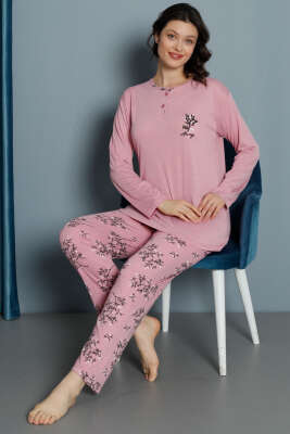 Yaprak Desen Viskon Pijama Takımı Pers Gülü - Pijama