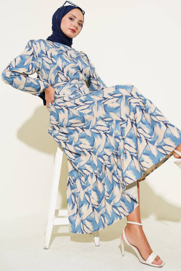 Yaprak Desen Volanlı Elbise İndigo - Elbise
