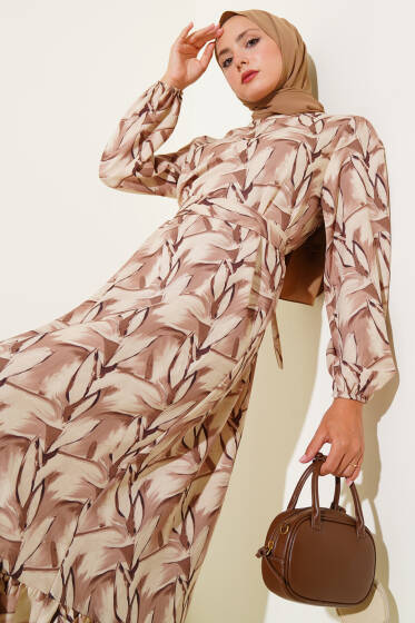 Yaprak Desen Volanlı Elbise Kahve - Elbise