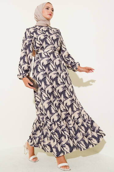 Yaprak Desen Volanlı Elbise Siyah - Elbise