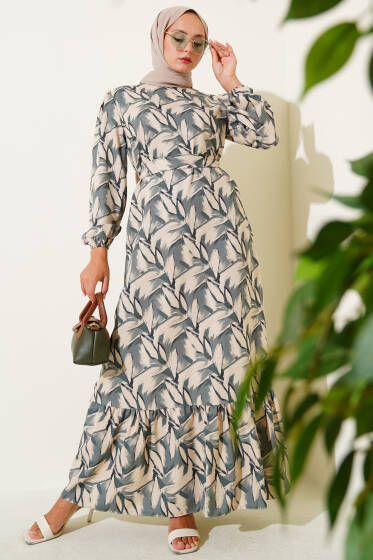 Yaprak Desen Volanlı Elbise Yeşil - Elbise