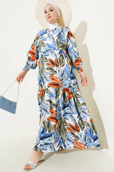 Yaprak Desen Yaka Püsküllü Elbise İndigo - Elbise
