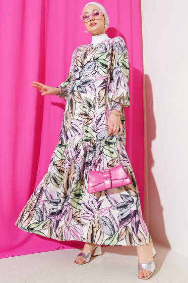 Yaprak Desen Yaka Püsküllü Elbise Pembe - Elbise