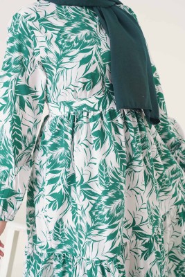 Yaprak Desen Yeşil Elbise - Thumbnail