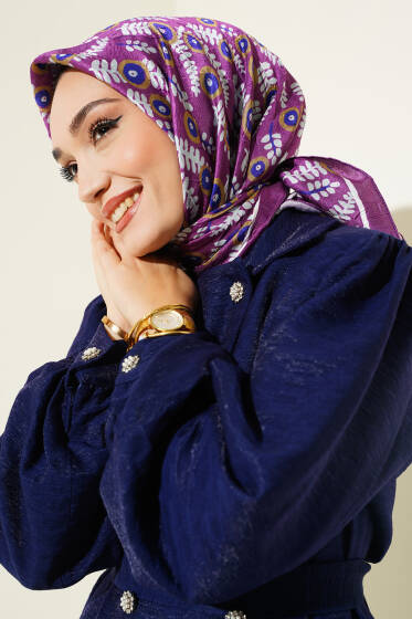 Yaprak Desenli Bambu Eşarp Menekşe - Başörtüsü