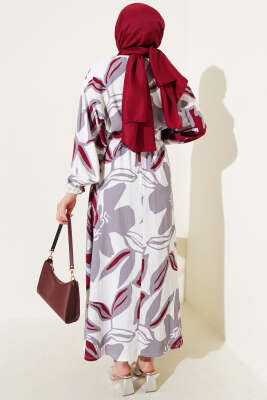 Yaprak Desenli Bel Lastikli Kemerli Elbise Bordo - Tesettür Elbise