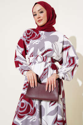 Yaprak Desenli Bel Lastikli Kemerli Elbise Bordo - Tesettür Elbise