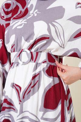 Yaprak Desenli Bel Lastikli Kemerli Elbise Bordo - Tesettür Elbise