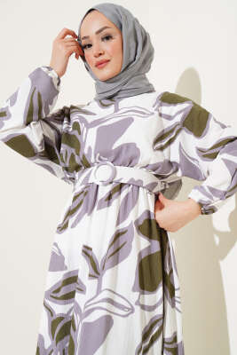 Yaprak Desenli Bel Lastikli Kemerli Elbise Haki - Tesettür Elbise