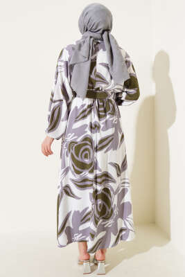 Yaprak Desenli Bel Lastikli Kemerli Elbise Haki - Tesettür Elbise