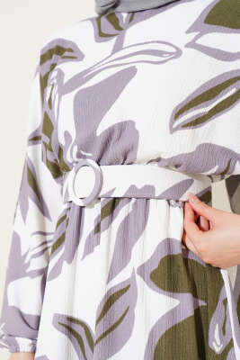 Yaprak Desenli Bel Lastikli Kemerli Elbise Haki - Tesettür Elbise