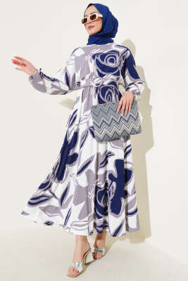 Yaprak Desenli Bel Lastikli Kemerli Elbise Lacivert