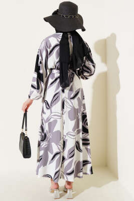 Yaprak Desenli Bel Lastikli Kemerli Elbise Siyah - Tesettür Elbise