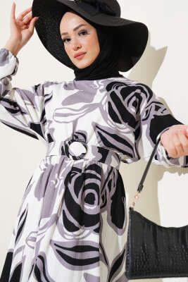 Yaprak Desenli Bel Lastikli Kemerli Elbise Siyah - Tesettür Elbise