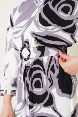 Yaprak Desenli Bel Lastikli Kemerli Elbise Siyah - Tesettür Elbise