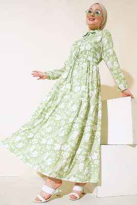 Yaprak Desenli Elbise Fıstık Yeşili - Thumbnail