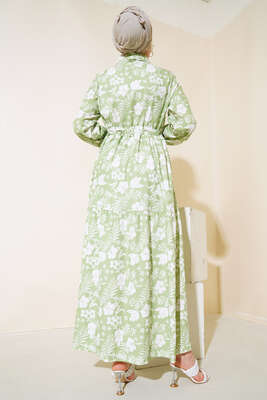 Yaprak Desenli Elbise Fıstık Yeşili - Thumbnail