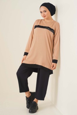 Yaprak Desenli Garnili Tunik Latte - Tunik