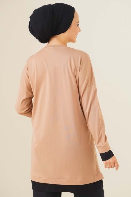 Yaprak Desenli Garnili Tunik Latte - Tunik