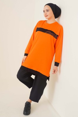 Yaprak Desenli Garnili Tunik Oranj - Tunik