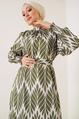 Yaprak Desenli Gipe Detaylı Saten Elbise Çağla Yeşil - Thumbnail