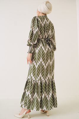 Yaprak Desenli Gipe Detaylı Saten Elbise Çağla Yeşil - Thumbnail