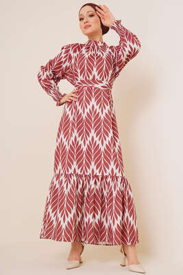 Yaprak Desenli Gipe Detaylı Saten Elbise Taba - Thumbnail