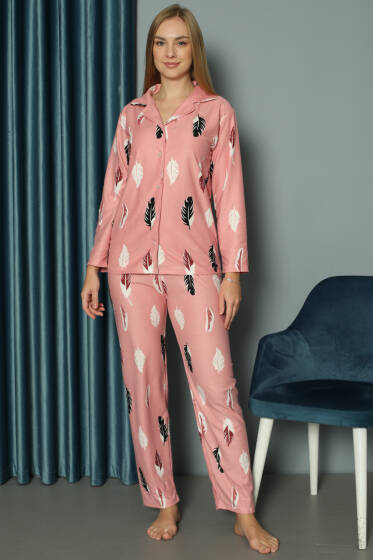 Yaprak Desenli Gömlek Yaka Süet Pijama Takım Pembe - Pijama