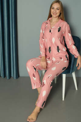 Yaprak Desenli Gömlek Yaka Süet Pijama Takım Pembe - Pijama