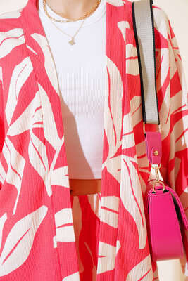 Yaprak Desenli Kimono İkili Takım Alizarin - Thumbnail