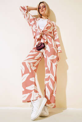 Yaprak Desenli Kimono İkili Takım Gül Kurusu - Thumbnail