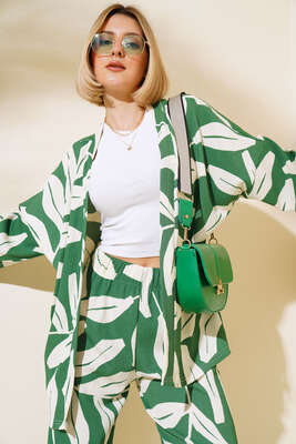 Yaprak Desenli Kimono İkili Takım Yeşil - Thumbnail