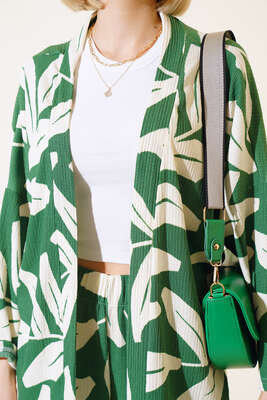 Yaprak Desenli Kimono İkili Takım Yeşil - Thumbnail
