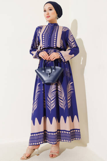 Yaprak Desenli Kuşaklı Elbise Lacivert - Elbise
