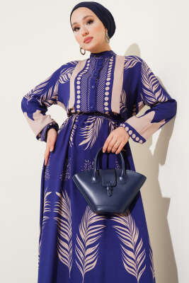 Yaprak Desenli Kuşaklı Elbise Lacivert - Tesettür Elbise